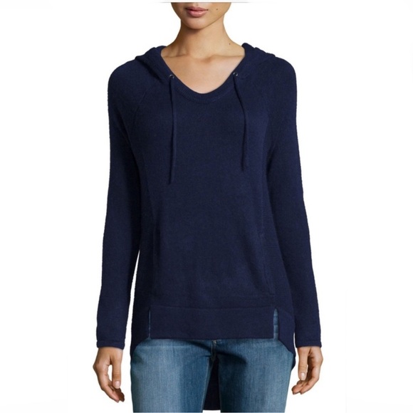 Design History Navy Cashmere Blend Hi Low Hem Hooded Pullover Sweater Size M - Picture 1 of 7